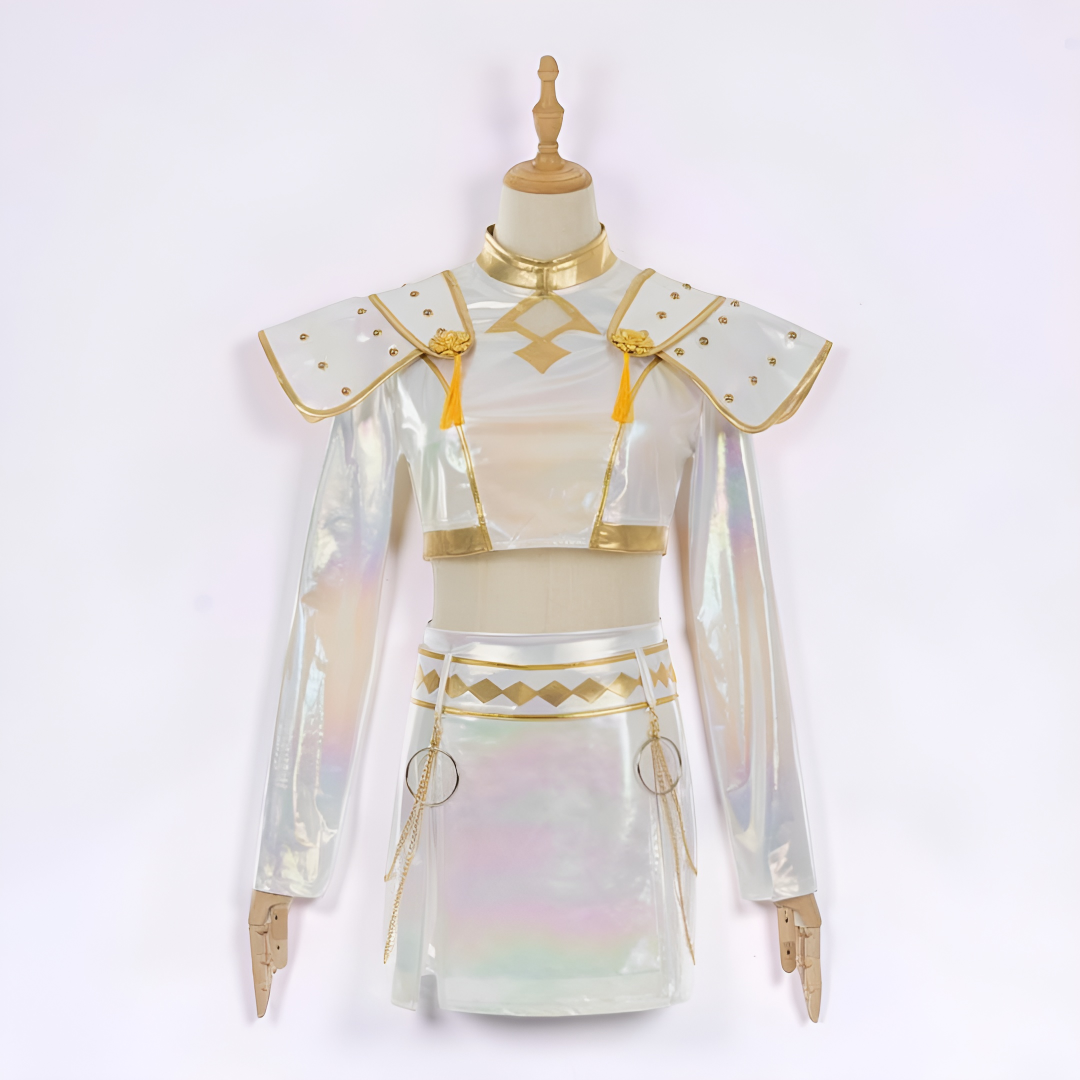 Iridescent K-pop-maid-cosplaykostumesæt, todelt sceneoutfit med gulddetaljer
