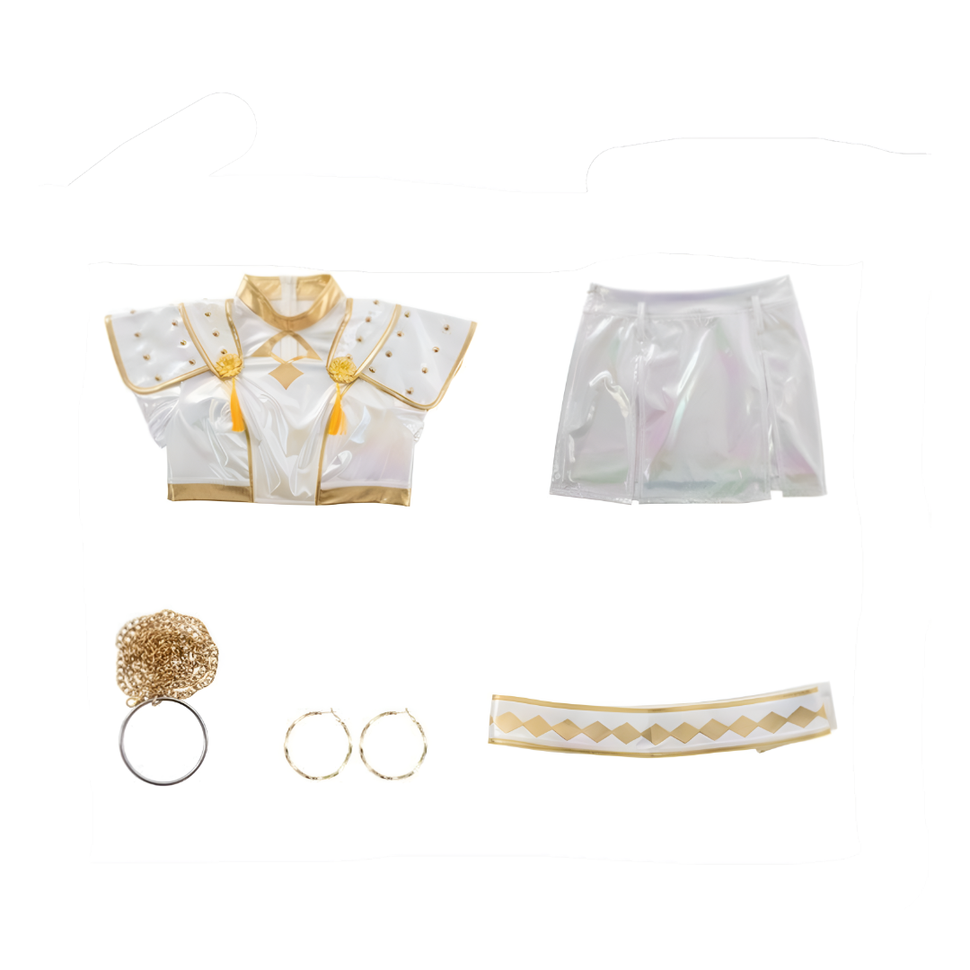 Iridescent K-pop-maid-cosplaykostumesæt, todelt sceneoutfit med gulddetaljer