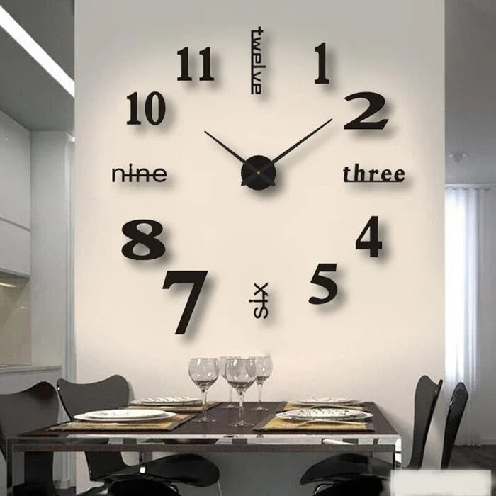 Large Long Wall Clock, 3D Adhesive Numbers, Minimalist Metal Hands, Vintage Style