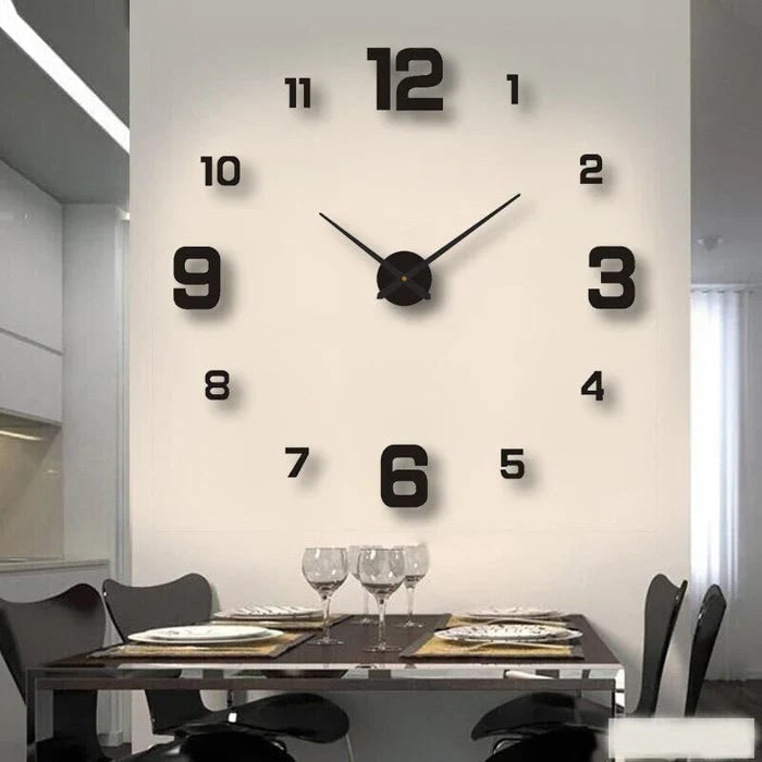 Large Long Wall Clock, 3D Adhesive Numbers, Minimalist Metal Hands, Vintage Style
