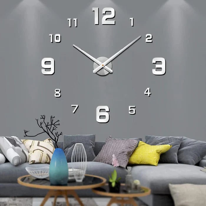 Large Long Wall Clock, 3D Adhesive Numbers, Minimalist Metal Hands, Vintage Style