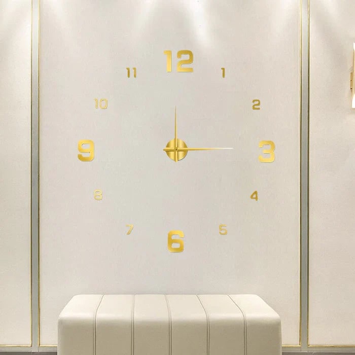 Large Long Wall Clock, 3D Adhesive Numbers, Minimalist Metal Hands, Vintage Style