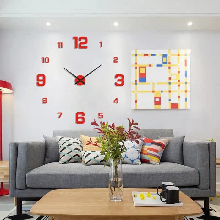 Large Long Wall Clock, 3D Adhesive Numbers, Minimalist Metal Hands, Vintage Style