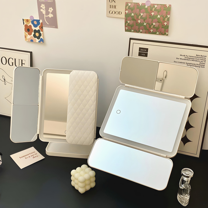 Foldable Led Makeup Mirror Adjustable Lighting Settings Compact Space Saving