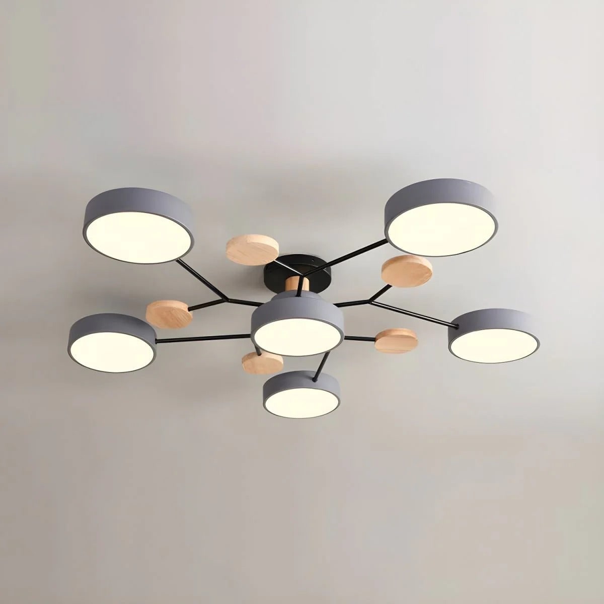 Modern LED Semi Flush Ceiling Light Wood Accent Matte Black Frame Sage Green Shades