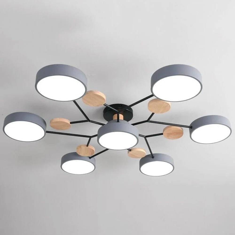 Lámpara de techo LED moderna semiempotrada con detalle de madera, estructura negra mate y pantallas verde salvia