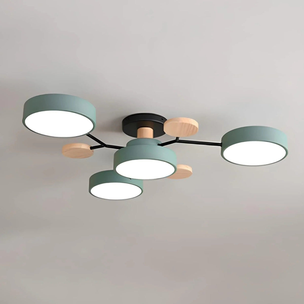 Modern LED Semi Flush Ceiling Light Wood Accent Matte Black Frame Sage Green Shades