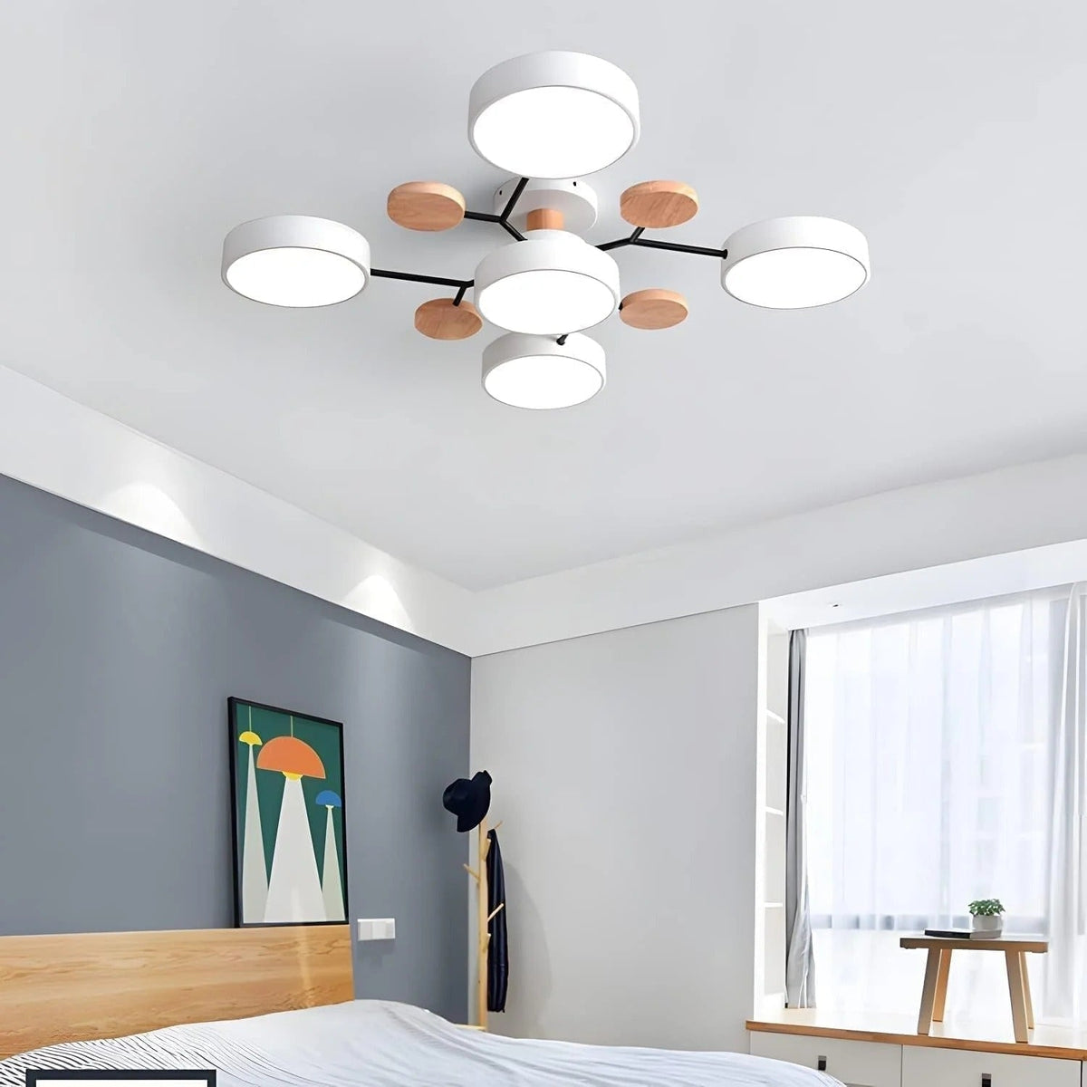 Modern LED Semi Flush Ceiling Light Wood Accent Matte Black Frame Sage Green Shades