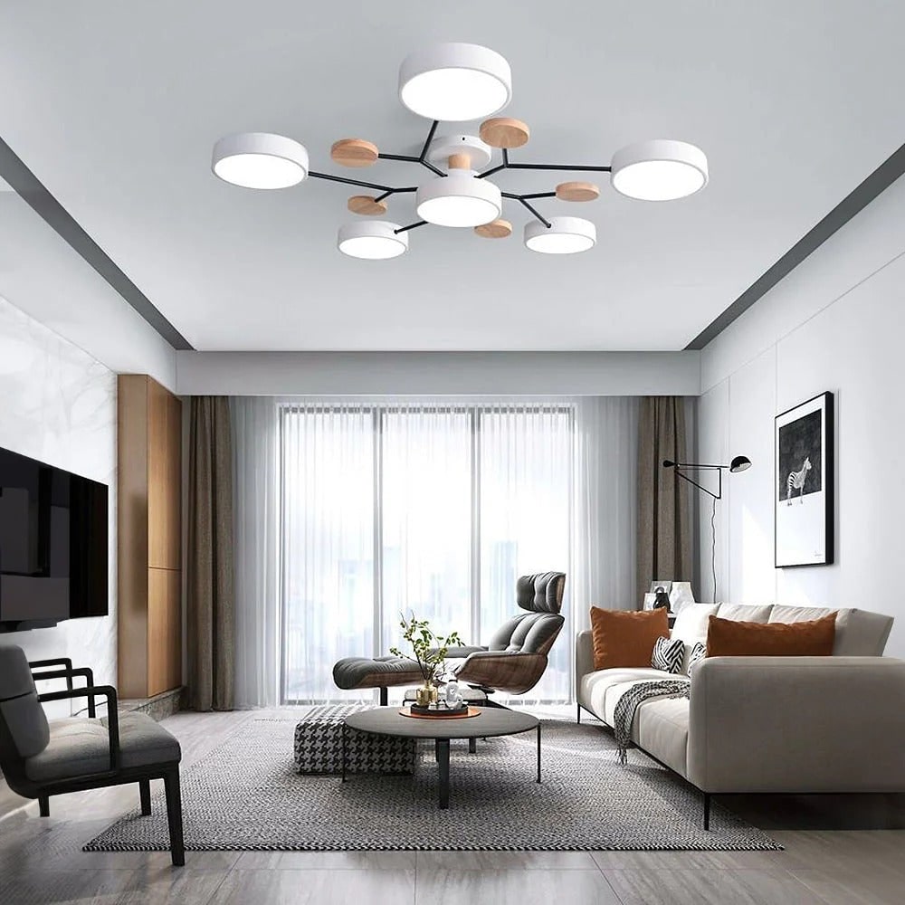 Modern LED Semi Flush Ceiling Light Wood Accent Matte Black Frame Sage Green Shades