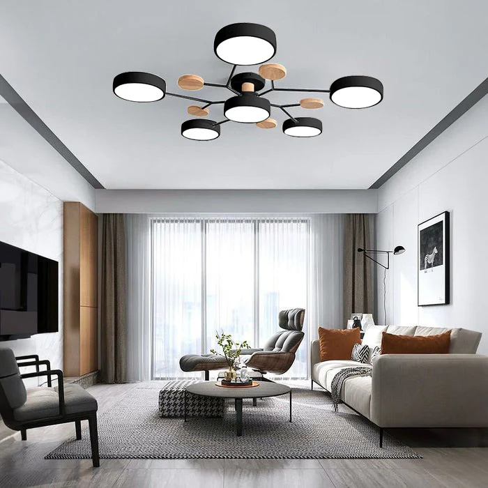 Modern LED Semi Flush Ceiling Light Wood Accent Matte Black Frame Sage Green Shades