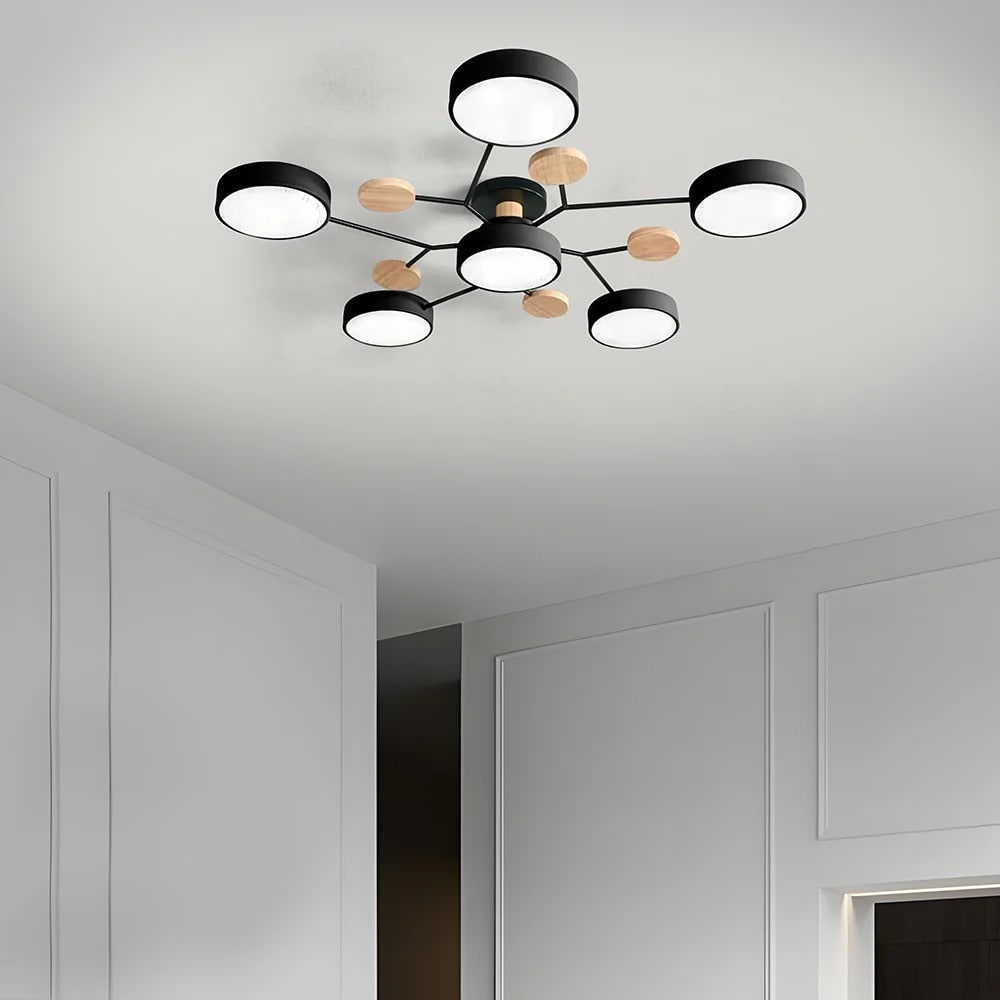 Lámpara de techo LED moderna semiempotrada con detalle de madera, estructura negra mate y pantallas verde salvia