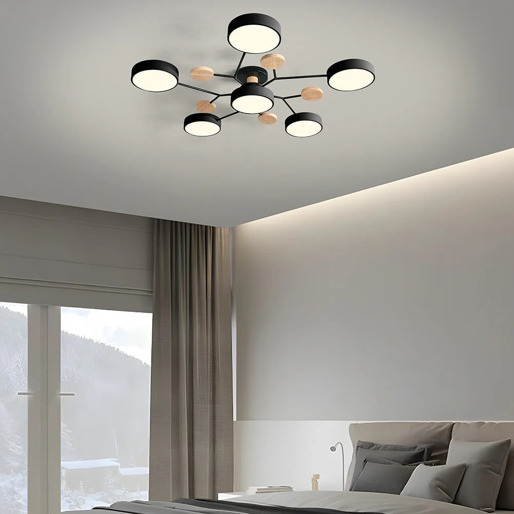 Lámpara de techo LED moderna semiempotrada con detalle de madera, estructura negra mate y pantallas verde salvia