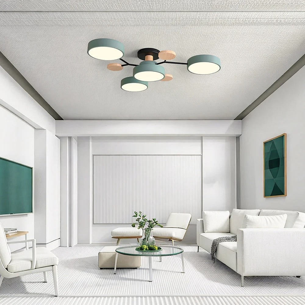Lámpara de techo LED moderna semiempotrada con detalle de madera, estructura negra mate y pantallas verde salvia