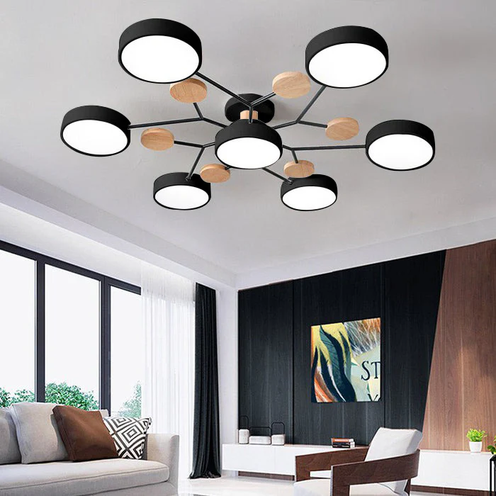Modern LED Semi Flush Ceiling Light Wood Accent Matte Black Frame Sage Green Shades