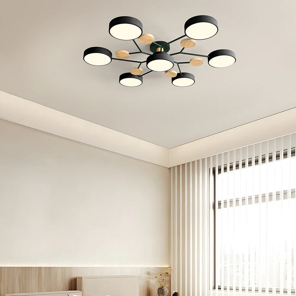 Lámpara de techo LED moderna semiempotrada con detalle de madera, estructura negra mate y pantallas verde salvia