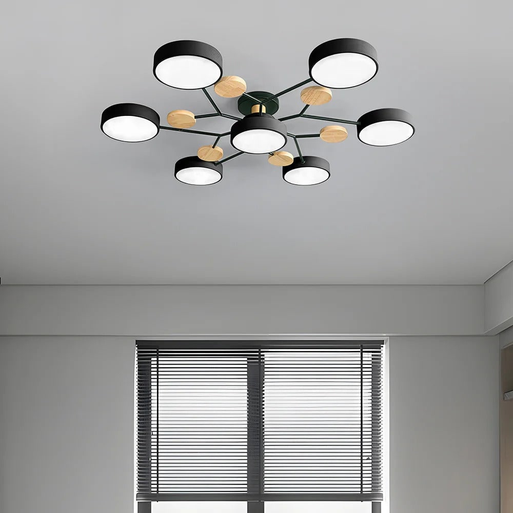 Lámpara de techo LED moderna semiempotrada con detalle de madera, estructura negra mate y pantallas verde salvia