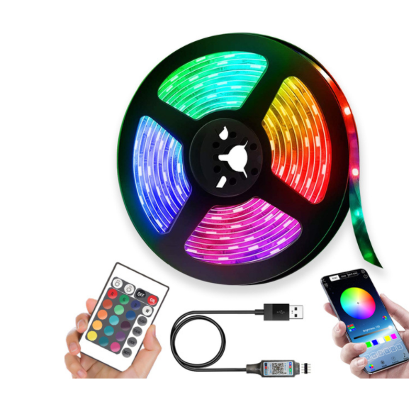 USB-táplálású RGB LED-szalagfény, rugalmas kialakítással, távirányítóval és színváltó funkcióval