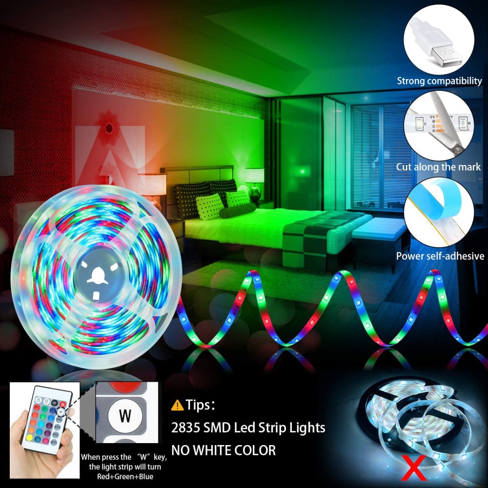 USB-táplálású RGB LED-szalagfény, rugalmas kialakítással, távirányítóval és színváltó funkcióval