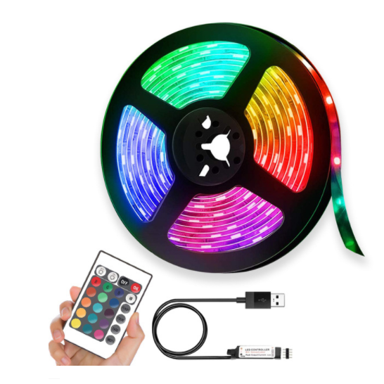 USB-táplálású RGB LED-szalagfény, rugalmas kialakítással, távirányítóval és színváltó funkcióval