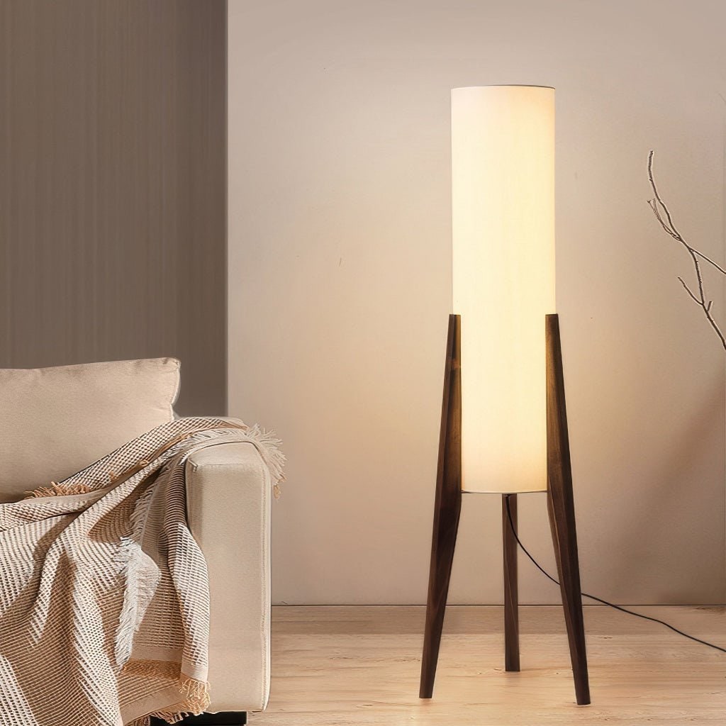 مصباح أرضي LED بارتفاع 50 بوصة، بقاعدة ثلاثية خشبية وغطاء قماشي أسطواني
