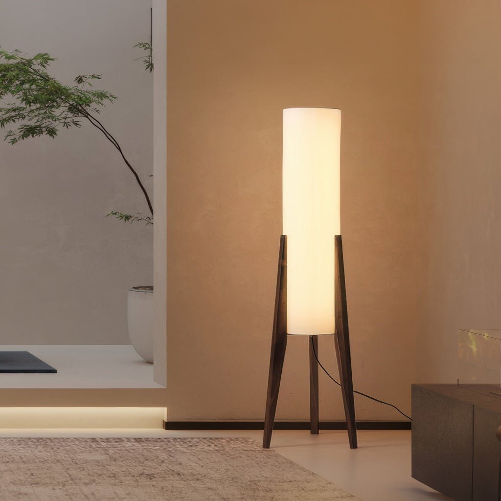 مصباح أرضي LED بارتفاع 50 بوصة، بقاعدة ثلاثية خشبية وغطاء قماشي أسطواني