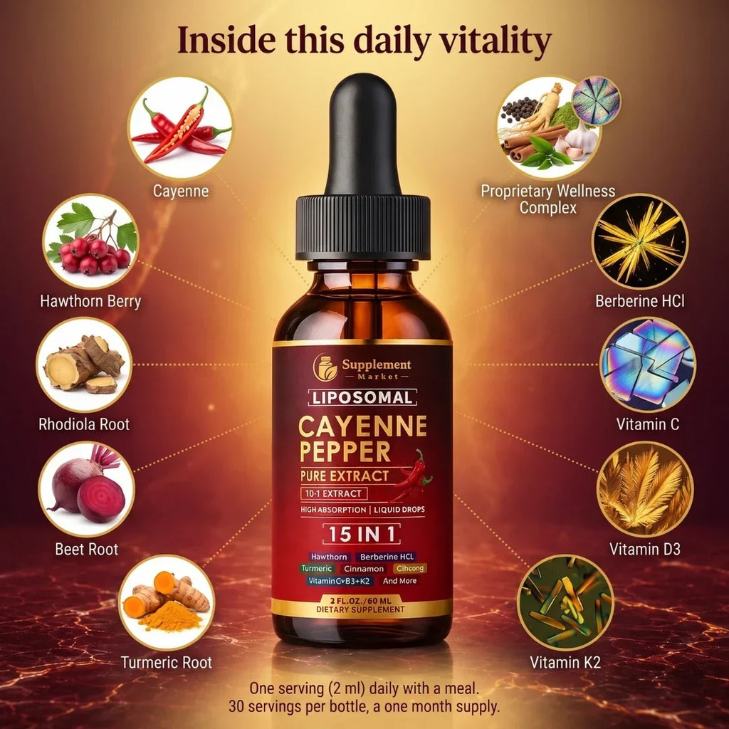 Gouttes liquides liposomales de piment de Cayenne pour la circulation et le métabolisme