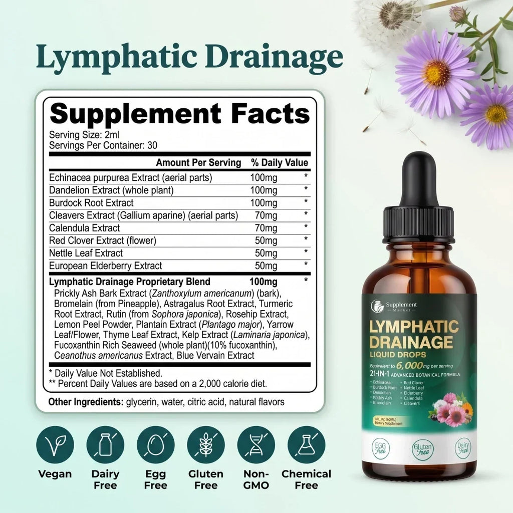 Gouttes de soutien lymphatique 21-en-1, détox et bien-être immunitaire