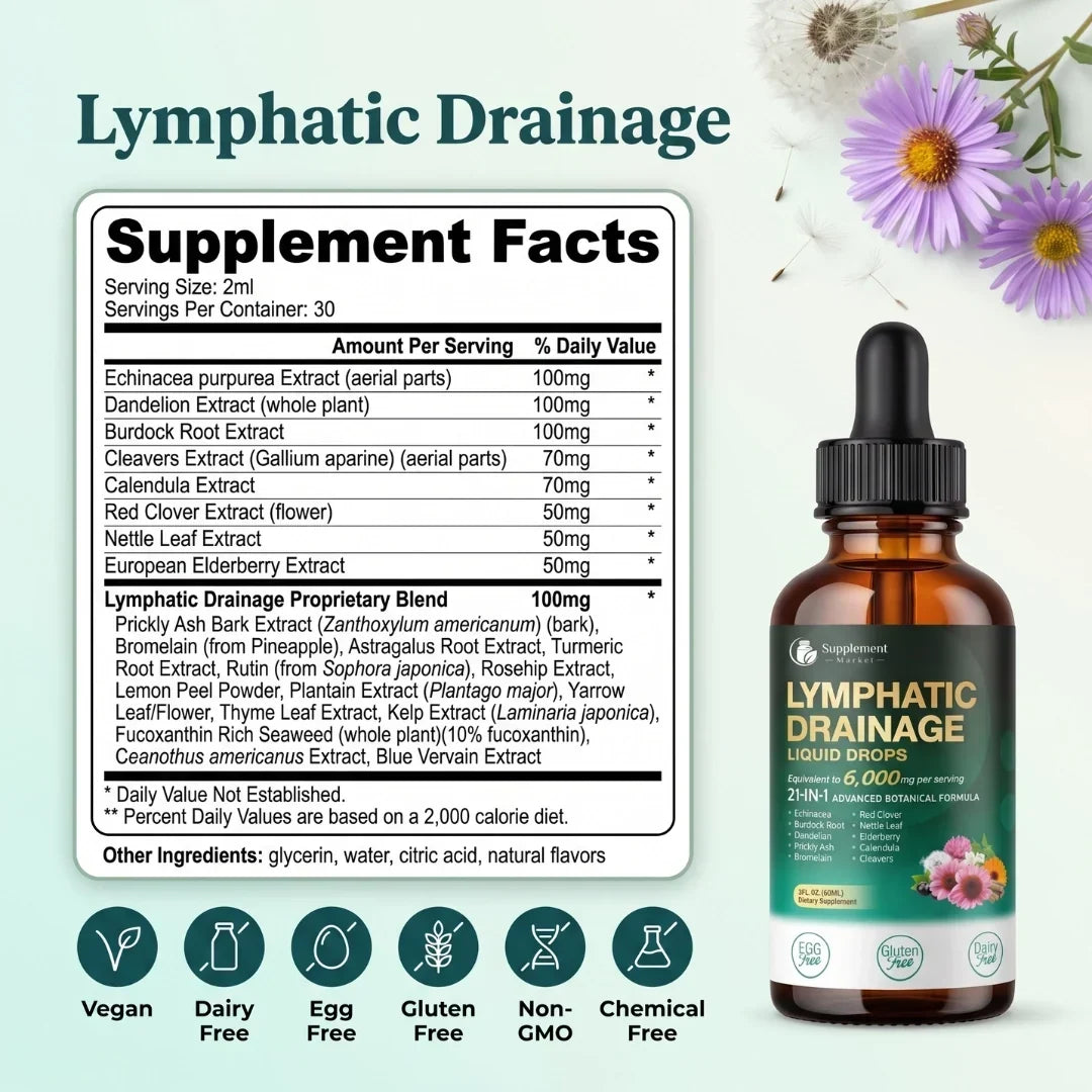 Gouttes de soutien lymphatique 21-en-1, détox et bien-être immunitaire