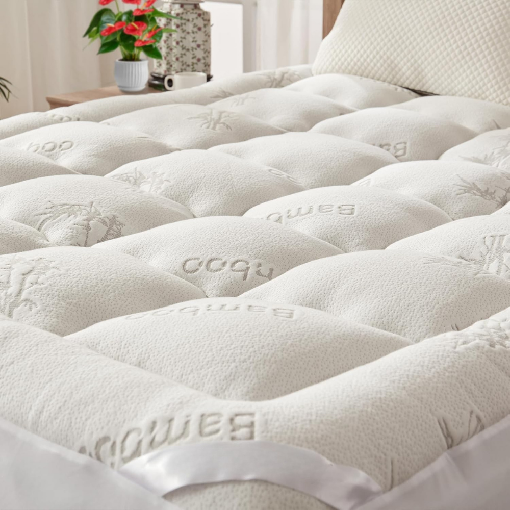Waterproof Bamboo Mattress Topper Pad, Quilted Pillowtop, Elastic Straps