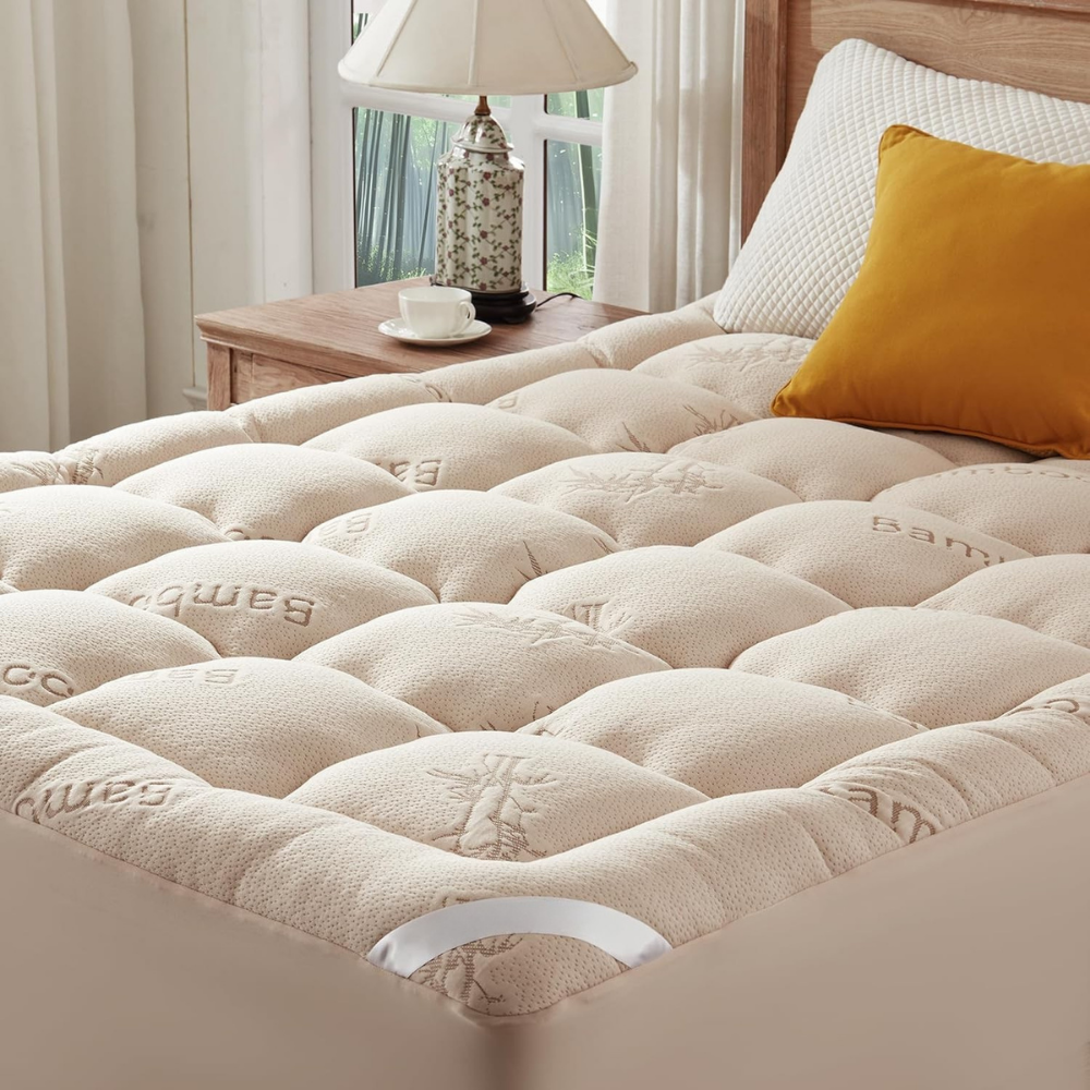 Waterproof Bamboo Mattress Topper Pad, Quilted Pillowtop, Elastic Straps