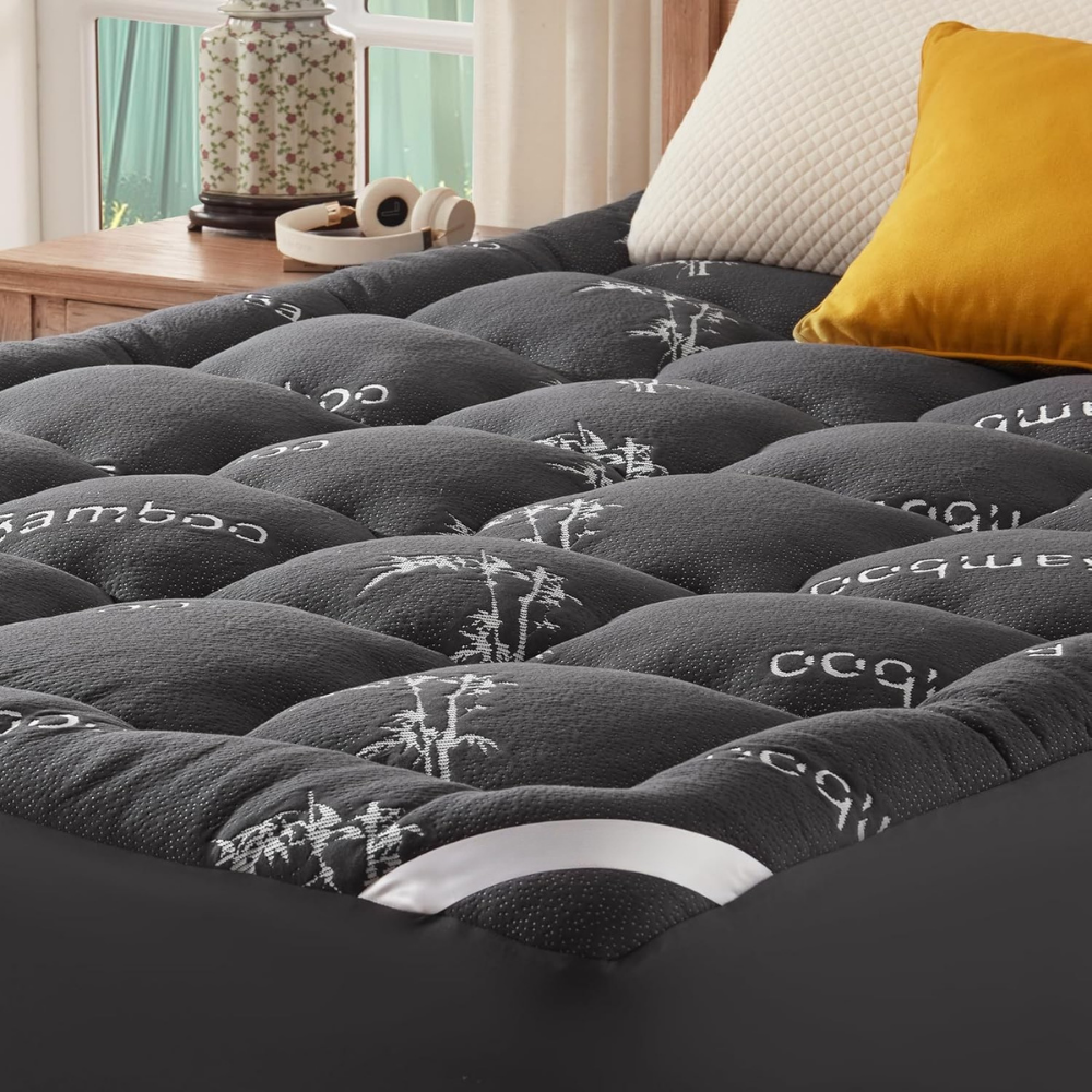 Waterproof Bamboo Mattress Topper Pad, Quilted Pillowtop, Elastic Straps