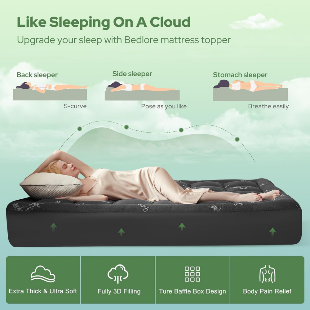 Waterproof Bamboo Mattress Topper Pad, Quilted Pillowtop, Elastic Straps