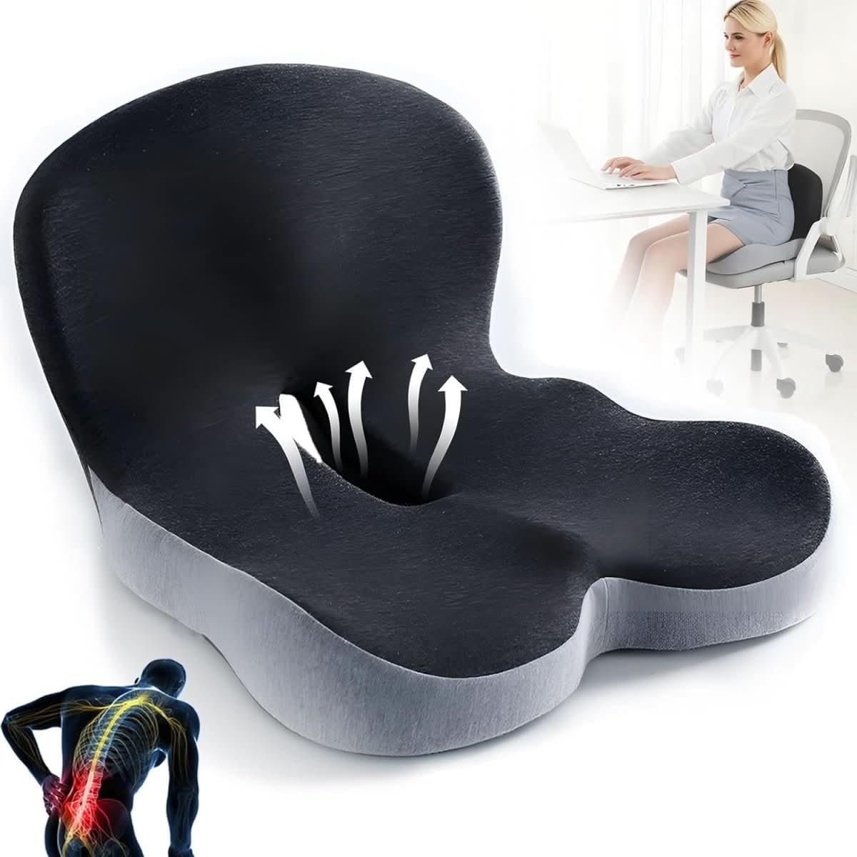 Ergonomikus memóriahabos ülőpárna formázott deréktámasszal és csúszásmentes alappal
