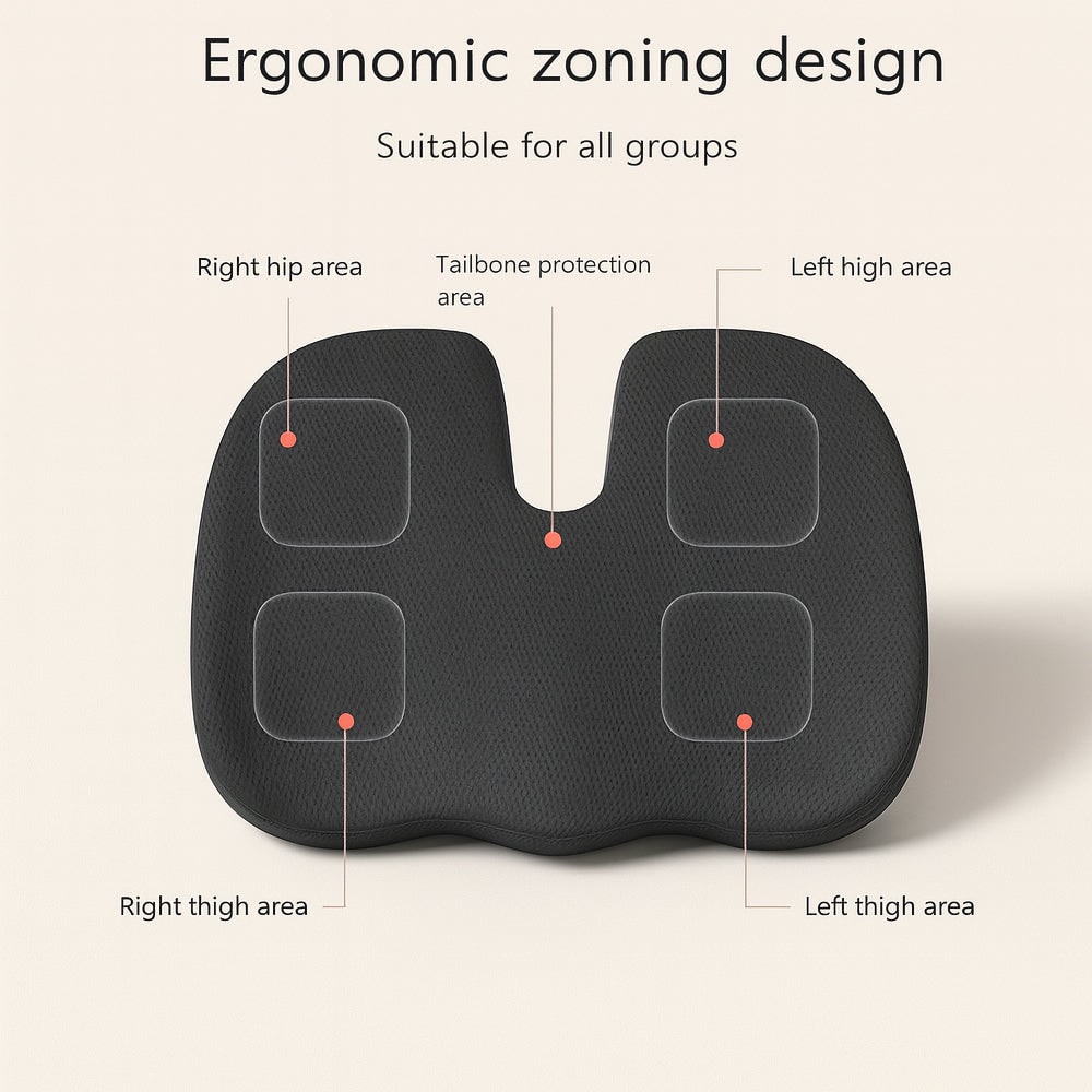 Ergonomiczna poduszka na siedzisko z pianki memory z warstwą żelu i wycięciem na kość ogonową