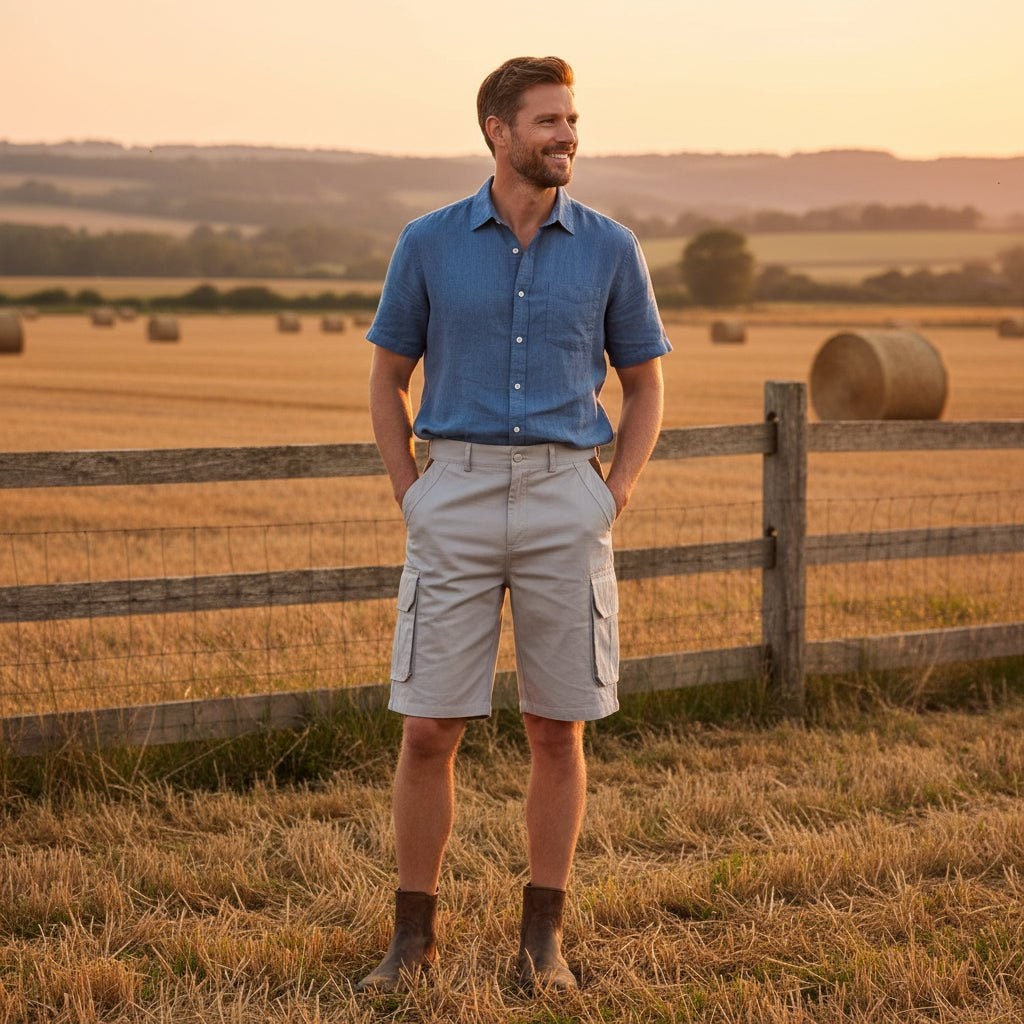 Calções cargo masculinos — leves, vários bolsos laterais, cinto incluído