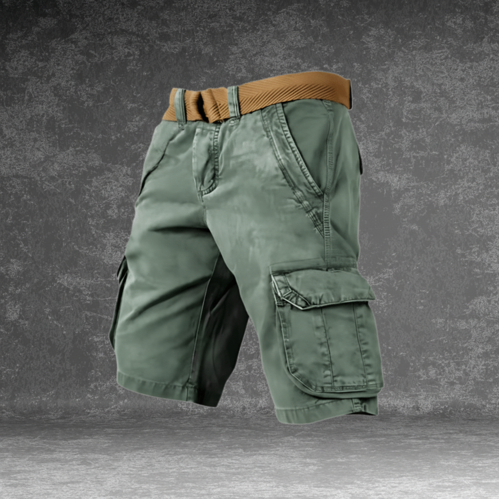 Calções cargo masculinos — leves, vários bolsos laterais, cinto incluído