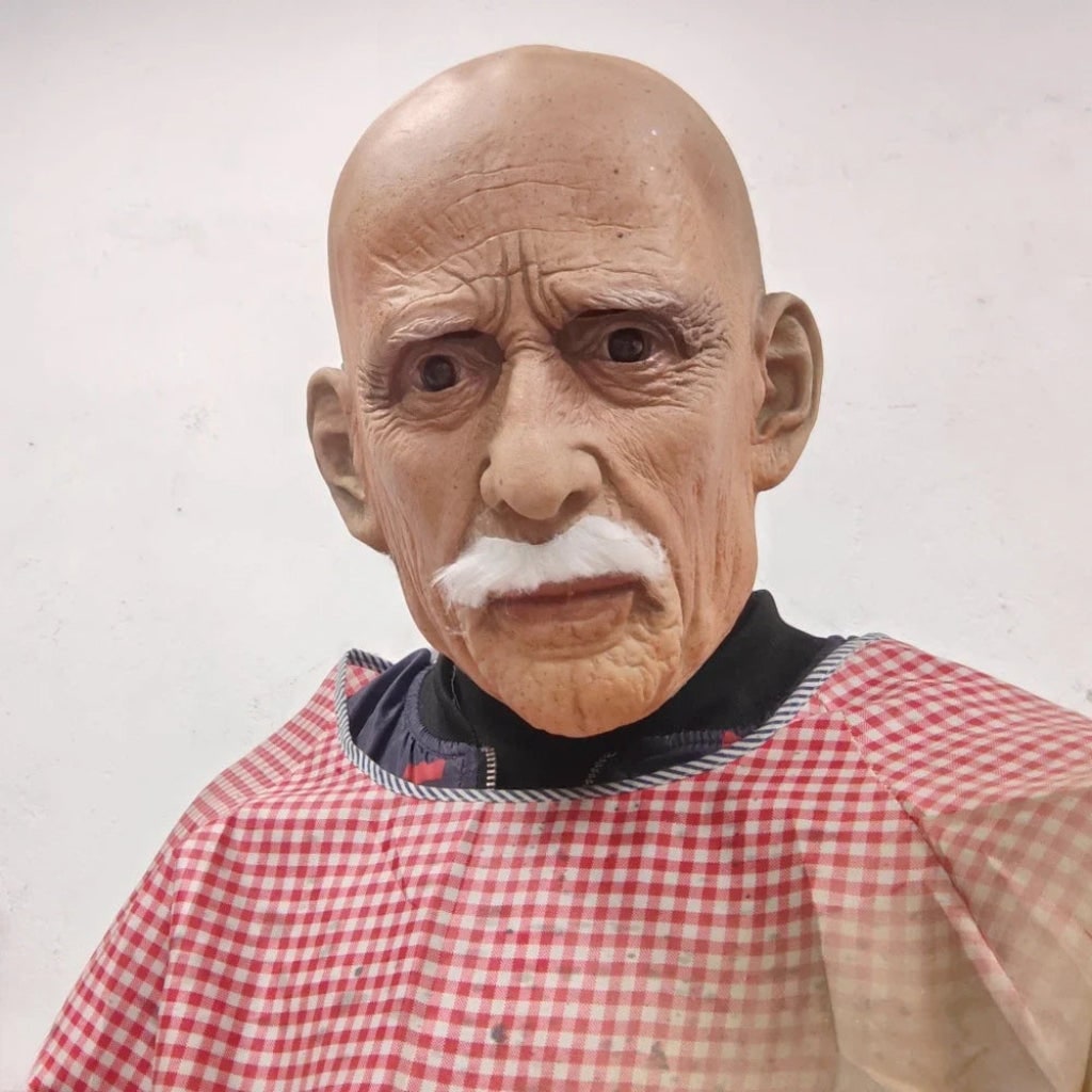 Halloweenkostumemaske til mænd som gammel mand - realistisk latex, hvidt overskæg, dybe rynker