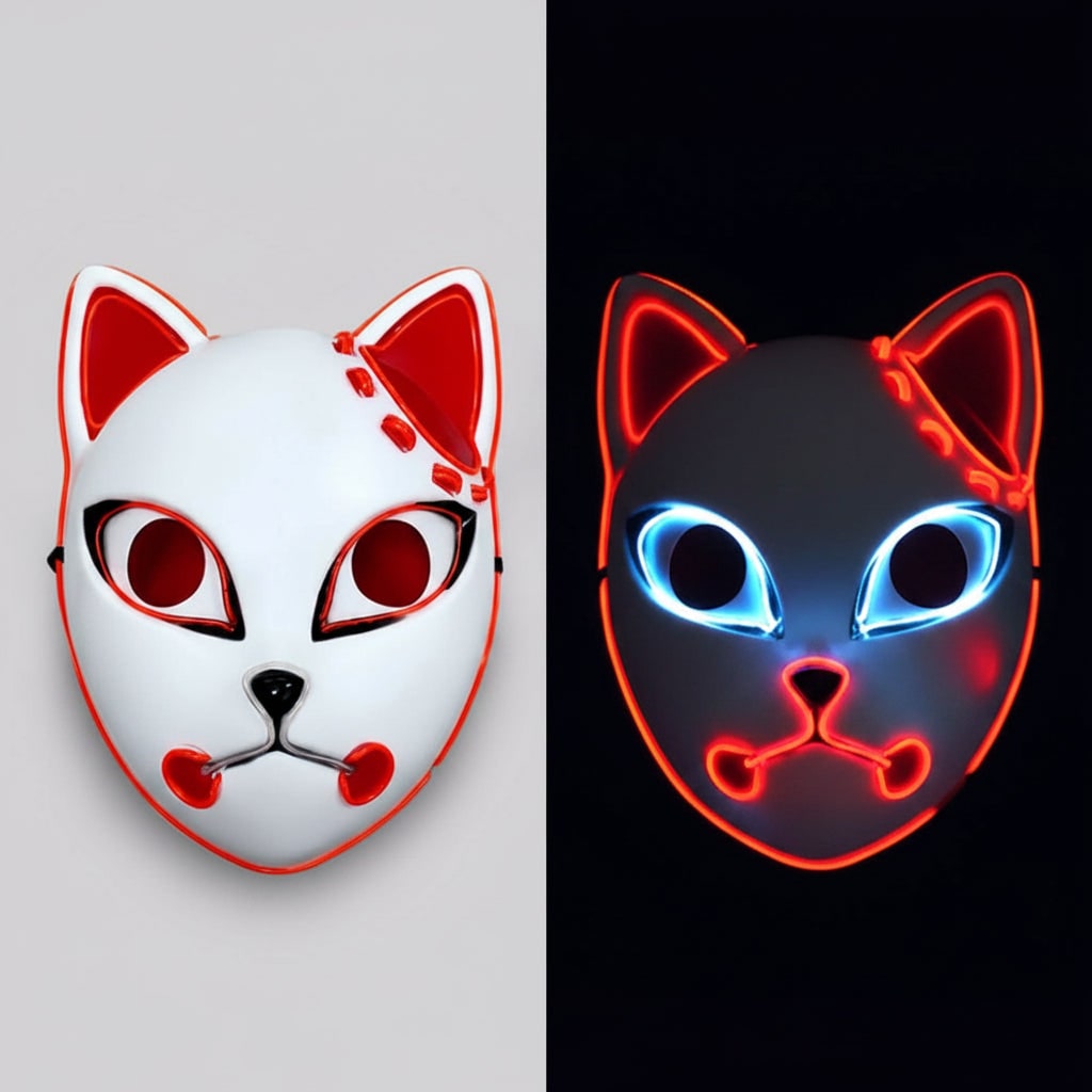 Férfi LED-es kitsune rókamaszk, világító japán démonos kialakítás, izzó kék szemek