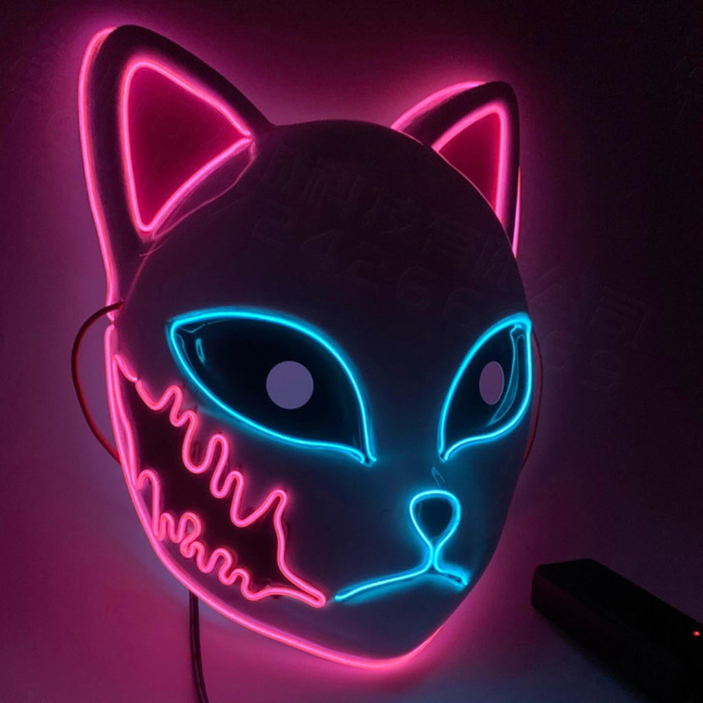 Férfi LED-es kitsune rókamaszk, világító japán démonos kialakítás, izzó kék szemek