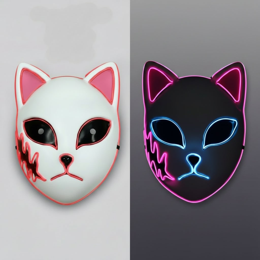 Férfi LED-es kitsune rókamaszk, világító japán démonos kialakítás, izzó kék szemek