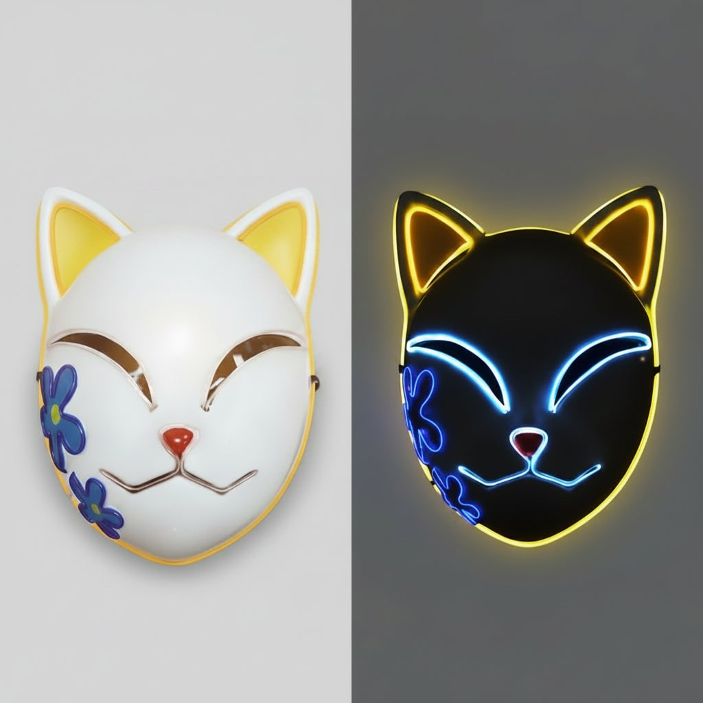Férfi LED-es kitsune rókamaszk, világító japán démonos kialakítás, izzó kék szemek