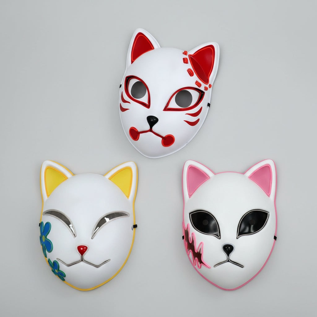 Férfi LED-es kitsune rókamaszk, világító japán démonos kialakítás, izzó kék szemek