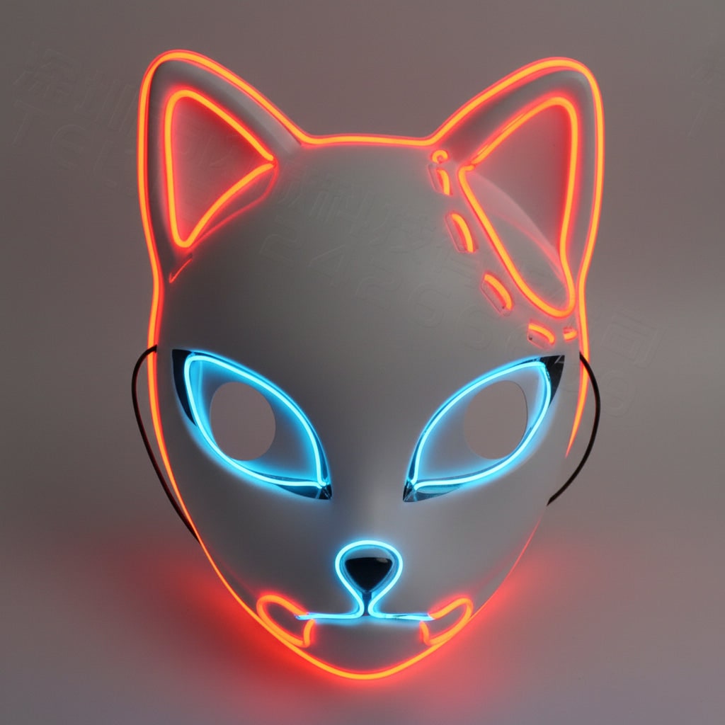 Férfi LED-es kitsune rókamaszk, világító japán démonos kialakítás, izzó kék szemek
