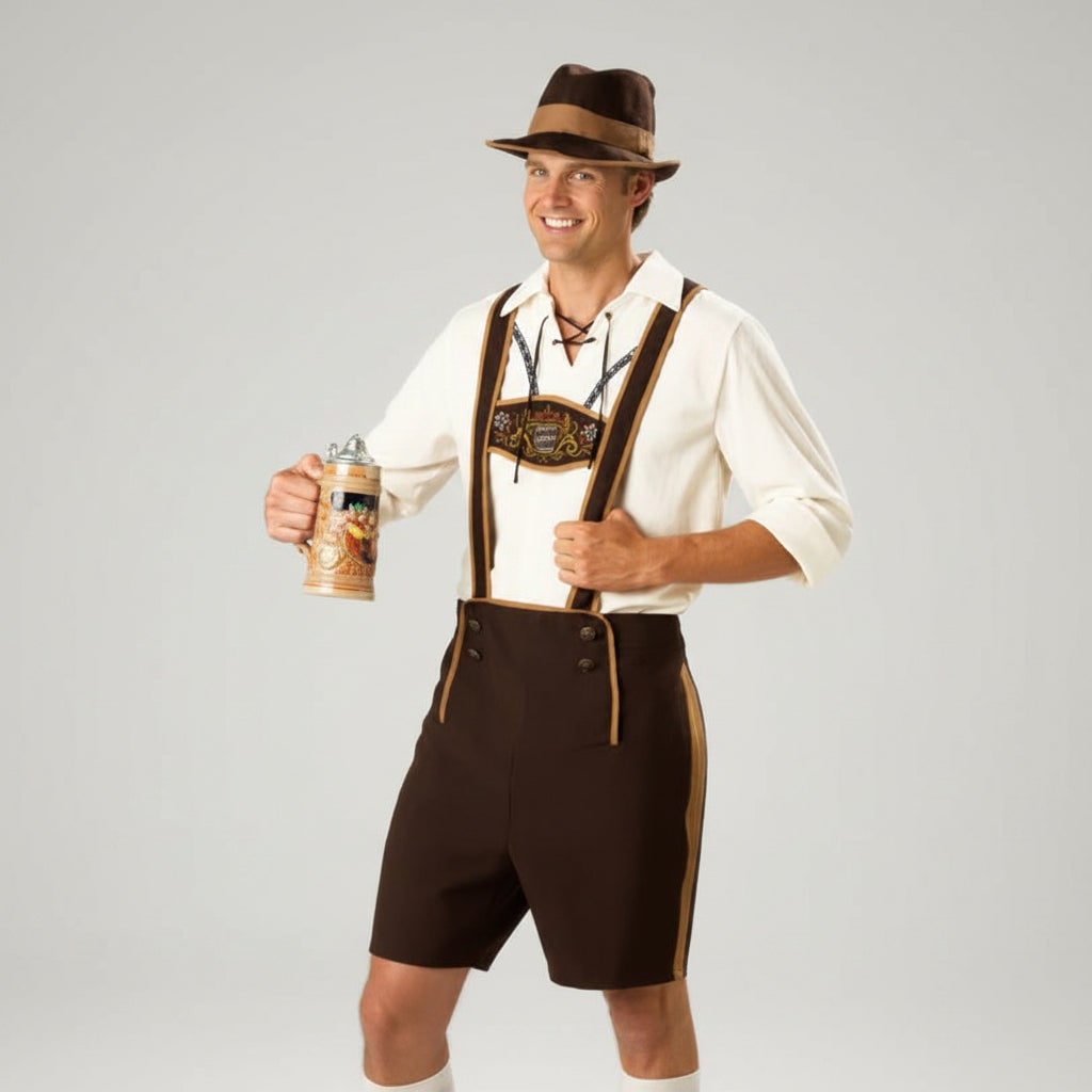 Set lederhosen pentru bărbați, tematic Oktoberfest - bretele atașate, corset cu șiret, bluză albă