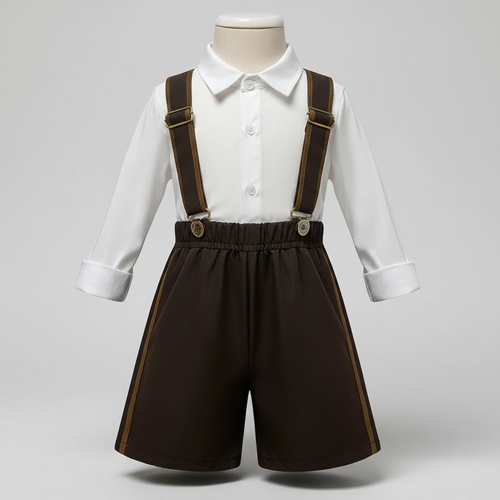 Set lederhosen pentru bărbați, tematic Oktoberfest - bretele atașate, corset cu șiret, bluză albă