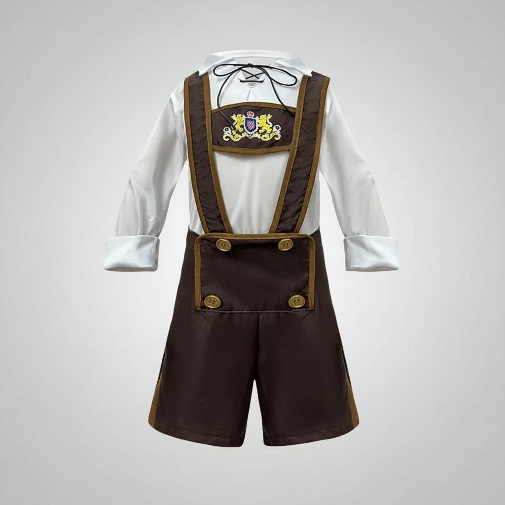 Set lederhosen pentru bărbați, tematic Oktoberfest - bretele atașate, corset cu șiret, bluză albă