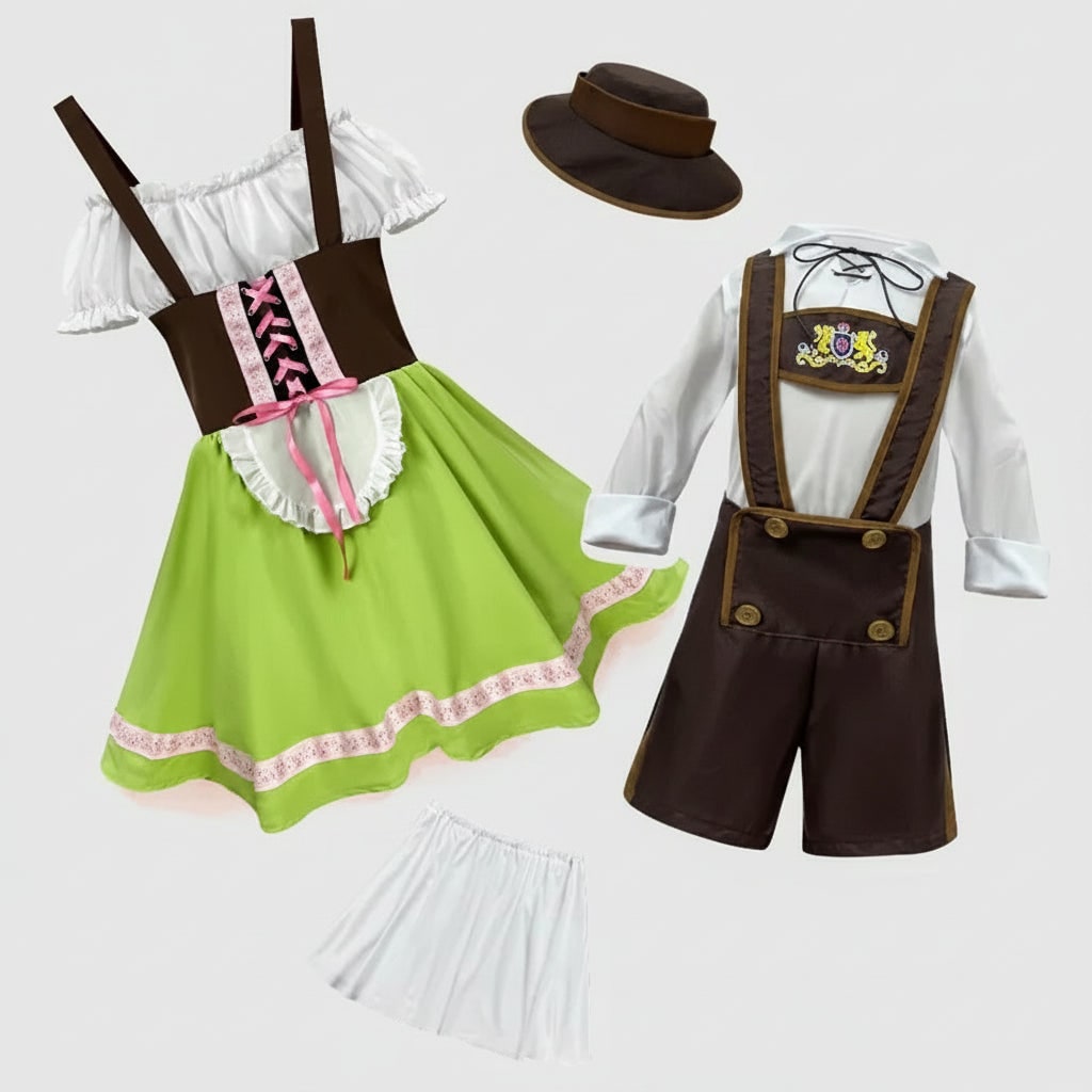 Set lederhosen pentru bărbați, tematic Oktoberfest - bretele atașate, corset cu șiret, bluză albă