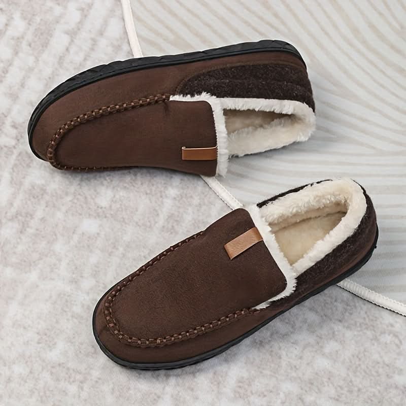 Warm Men's Suede Moccasin Slippers — Slip-On Design, Fleece Lining, Rubber Sole