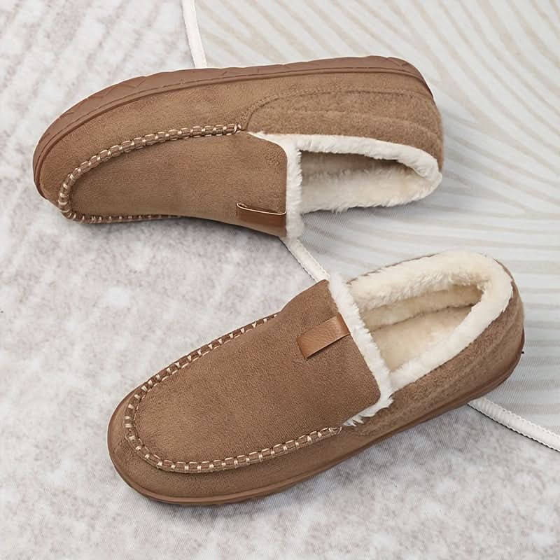 Warm Men's Suede Moccasin Slippers — Slip-On Design, Fleece Lining, Rubber Sole