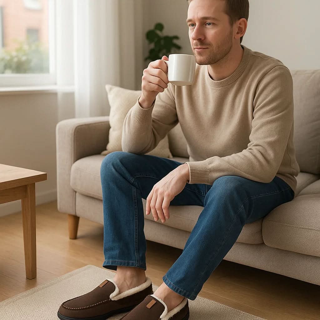 Warm Men's Suede Moccasin Slippers — Slip-On Design, Fleece Lining, Rubber Sole